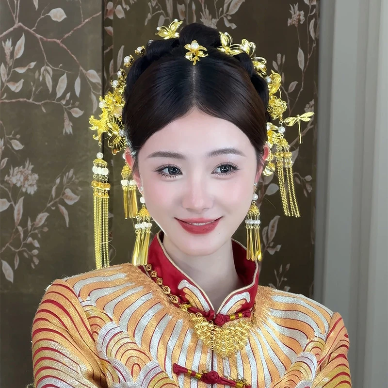 水舞U2168中式金色华丽新娘秀禾服龙凤褂发钗发簪古装婚礼头饰