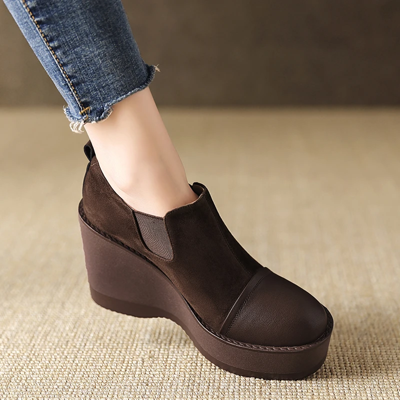 小个子防水台高跟鞋9.5cm坡跟厚底松糕鞋女2025新款磨砂真皮单鞋