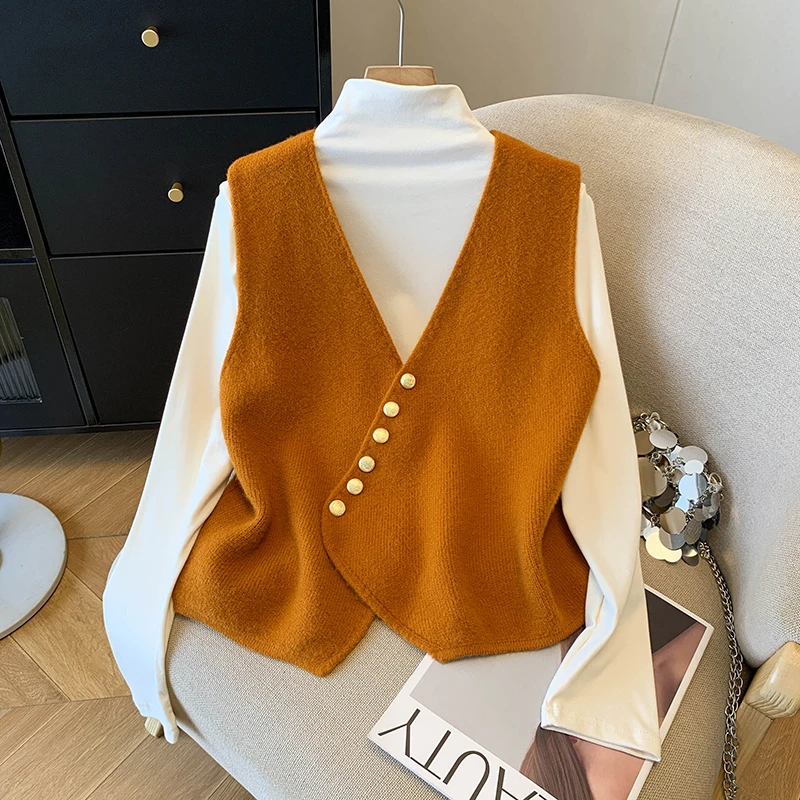 时尚减龄撞色条纹针织马甲背心女秋季2025半高领长袖T恤两件套装