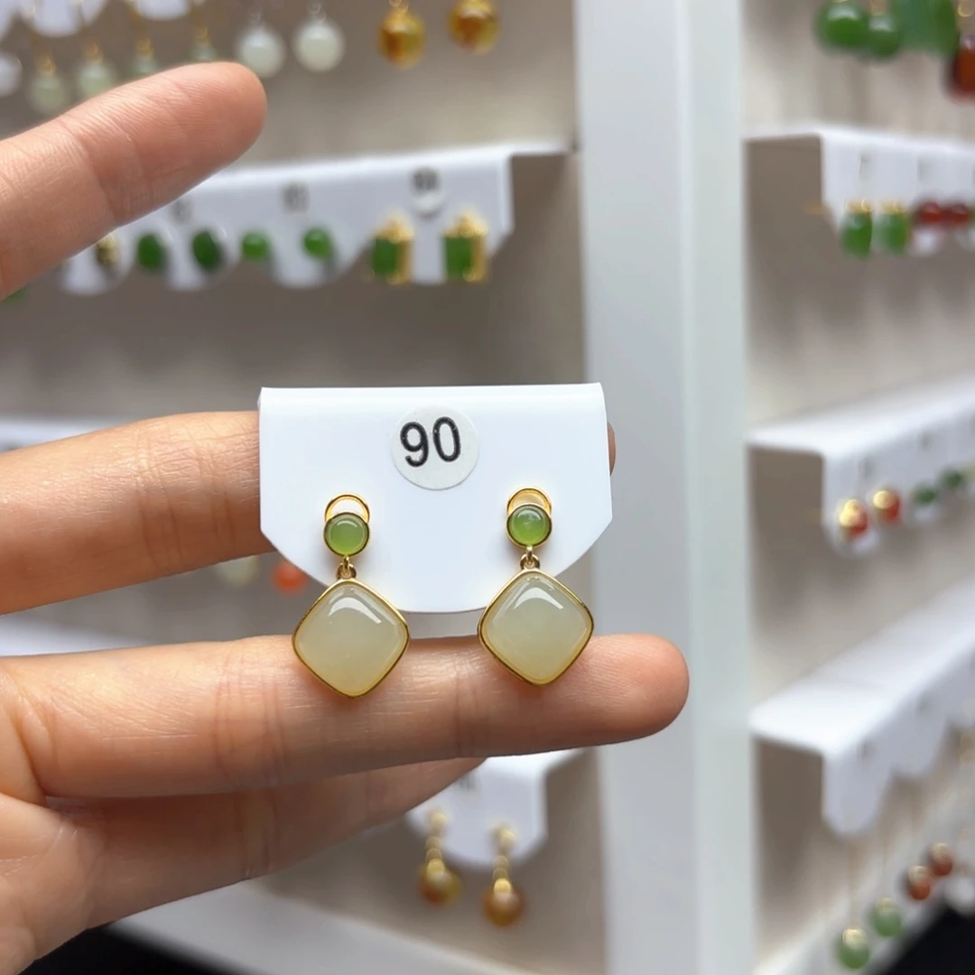 和田玉银S925镶嵌耳饰