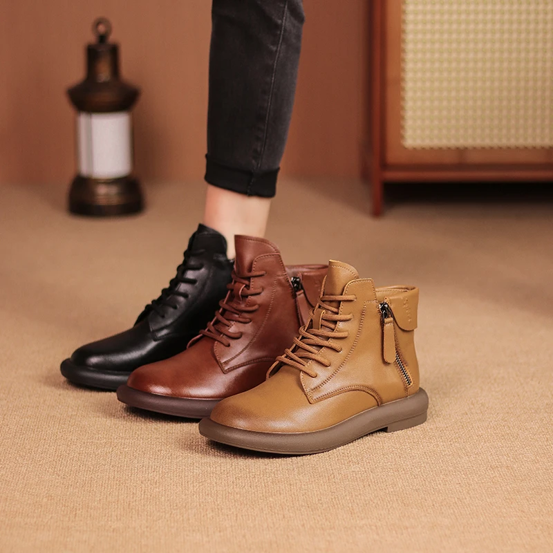 听纯5316真皮短靴女马丁靴2024秋冬新款休闲圆头软底复古时尚加绒