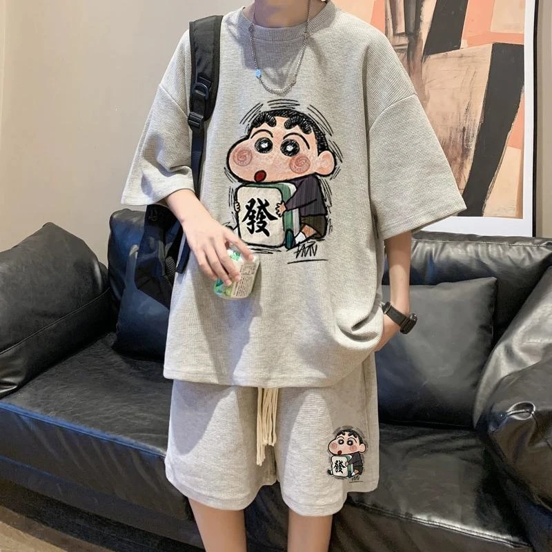 华夫格套装男生夏季新款运动短袖短裤青少年两件套装搭配帅气搭配