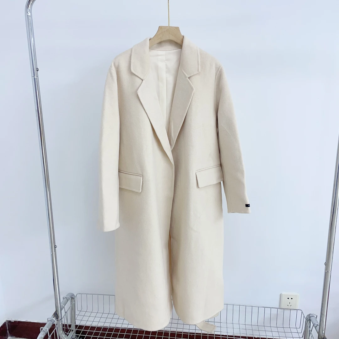 N224 米白色翻领隐形口袋休闲手缝大衣