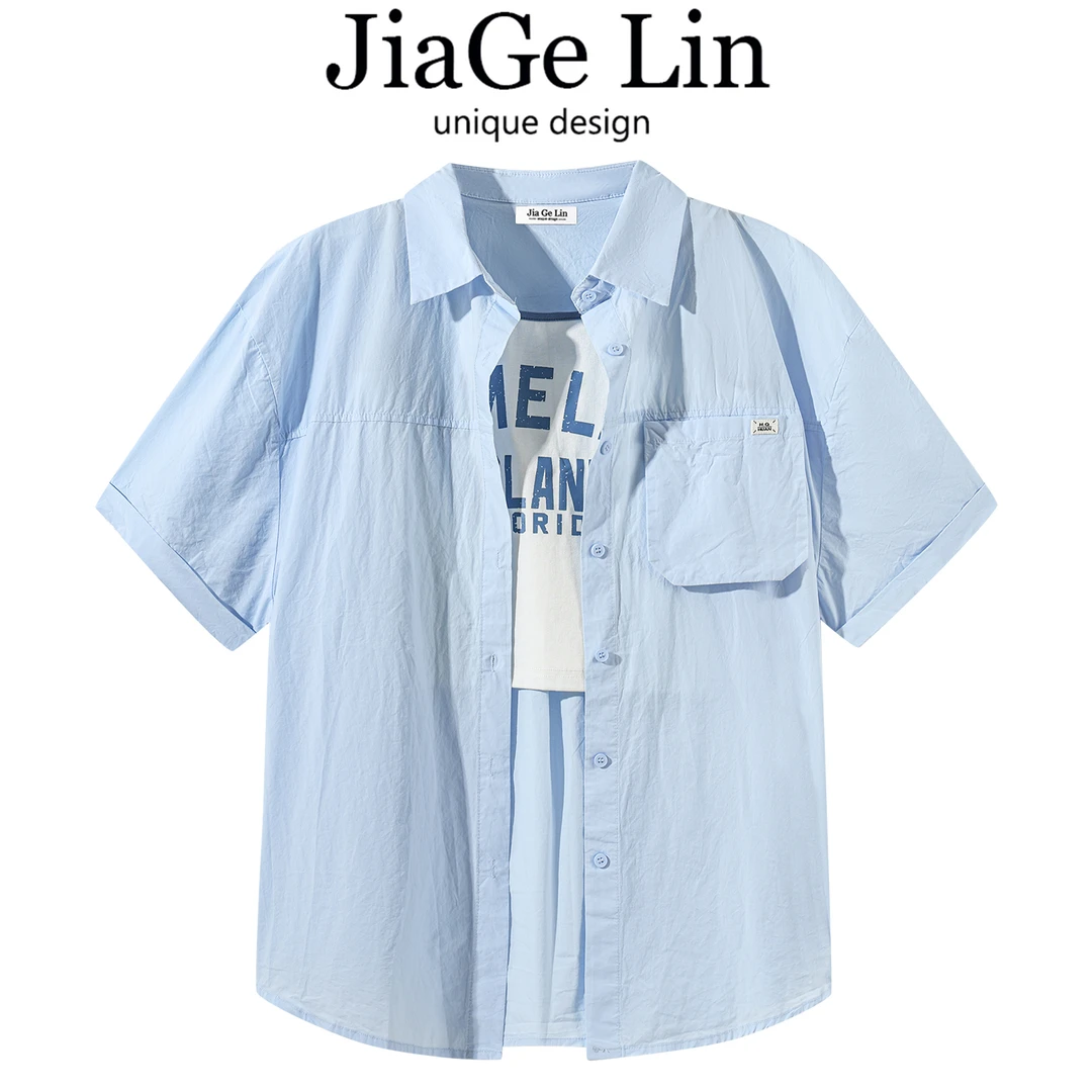 JiaGeLin韩系设计感短袖衬衫字母印花背心两件套女夏洋气百搭上衣