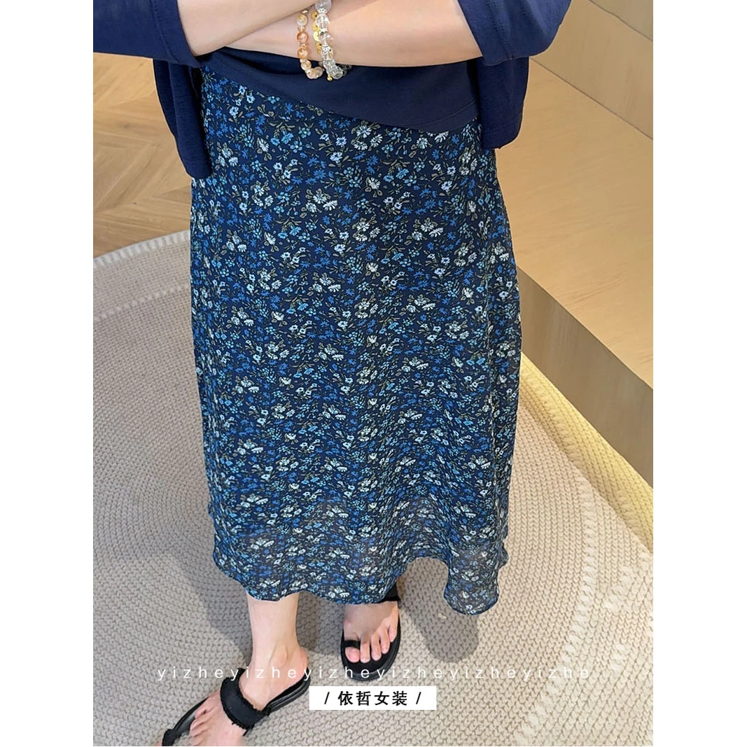 “”蓝碎花“”蓝调碎影 夏日星空蓝碎花女半身裙带内衬