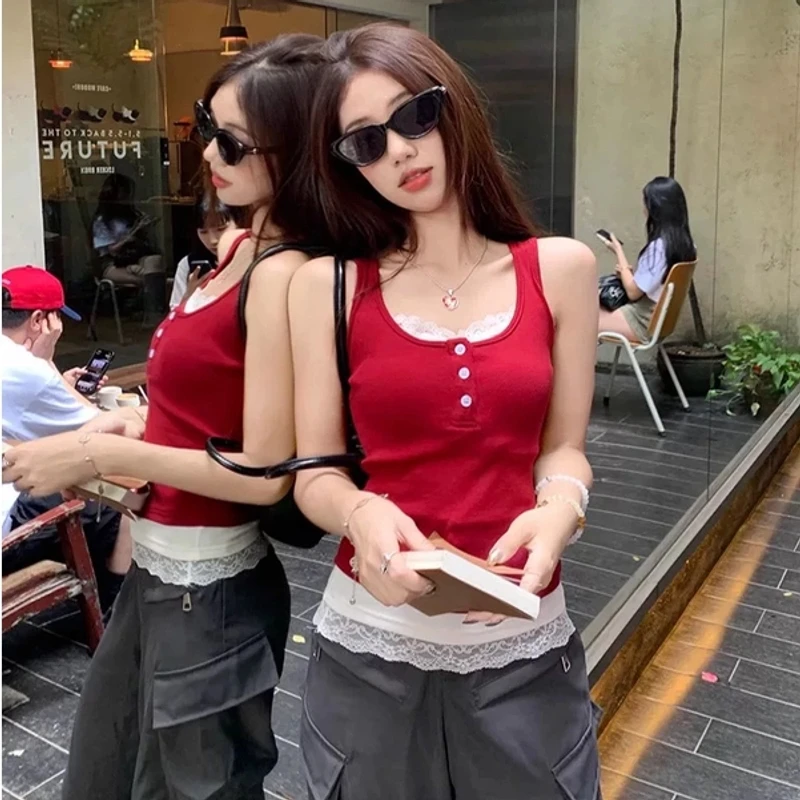 美式蕾丝假两件工字吊带背心女春夏外穿辣妹短款无袖红色打底上衣