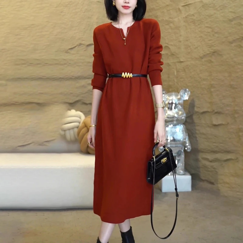 妈妈装过膝打底衫女毛衣裙时尚百搭气质显瘦中长款配大衣的连衣裙