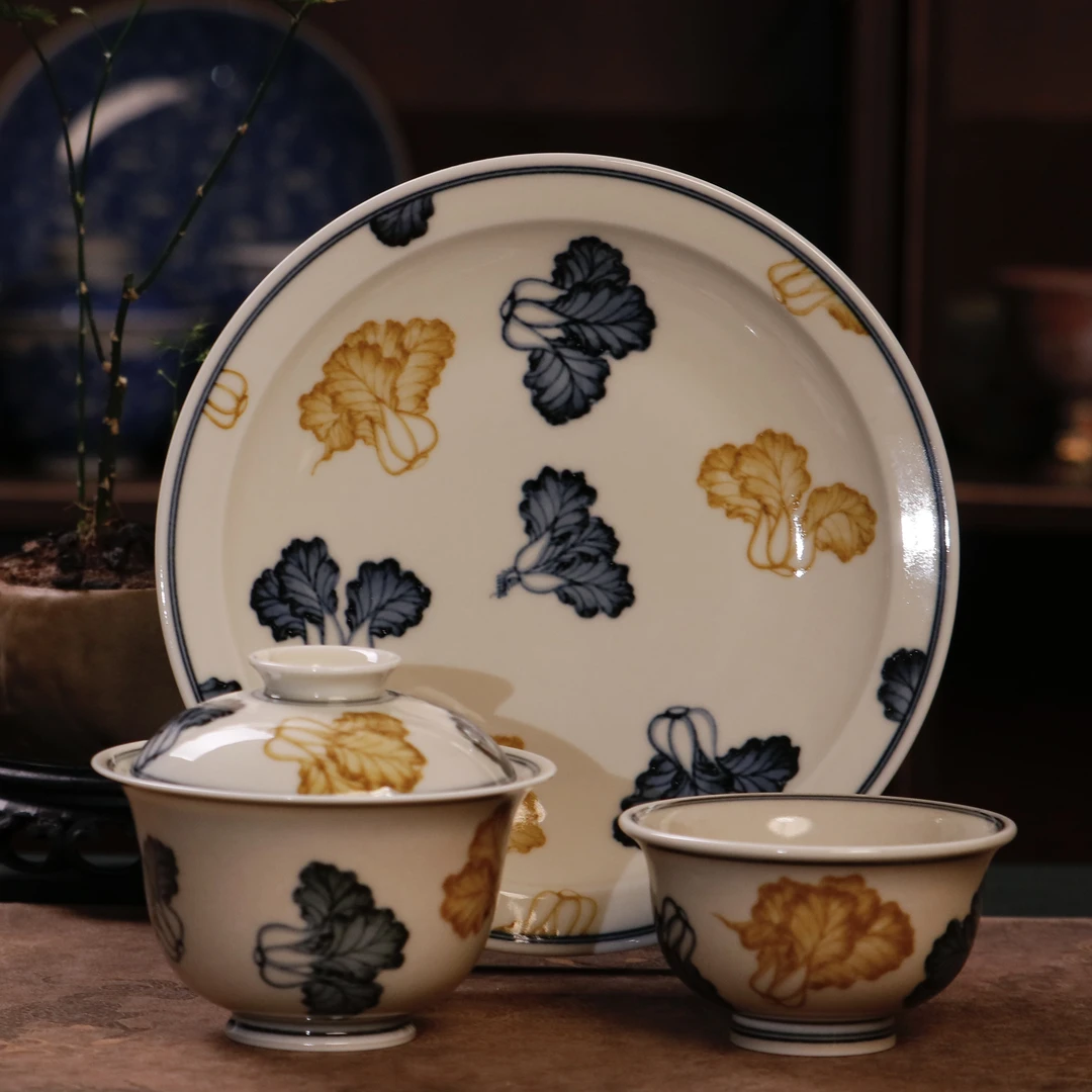 景德镇青言雅玩纯手工手绘青花二号釉白菜纹百财盖碗壶承主人杯