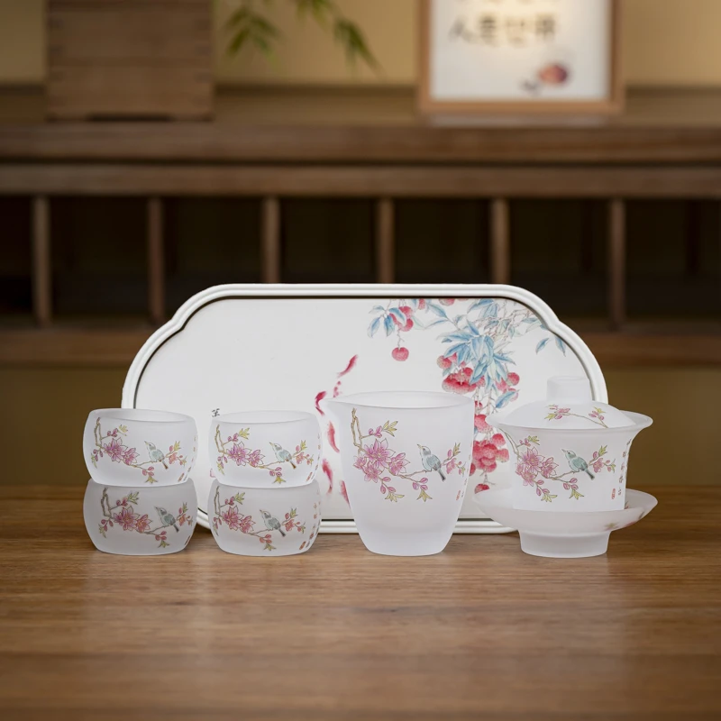 ZH3370-琉璃喜上眉梢盖碗茶具套组一盖碗一公道四杯带茶盘