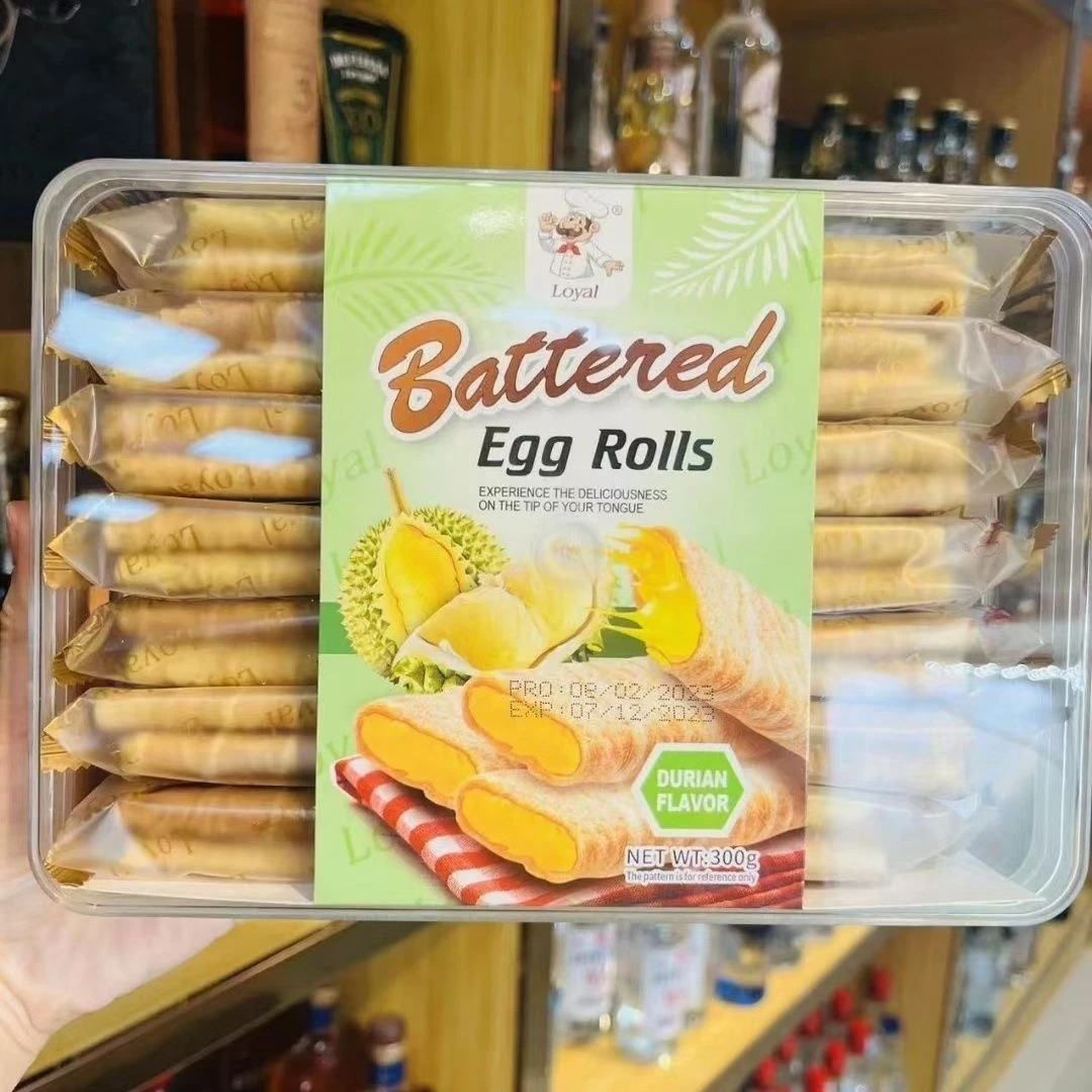 俄罗斯风味盒装爆浆榴莲脆皮蛋卷夹心饼干菠萝酥脆椰奶味零食