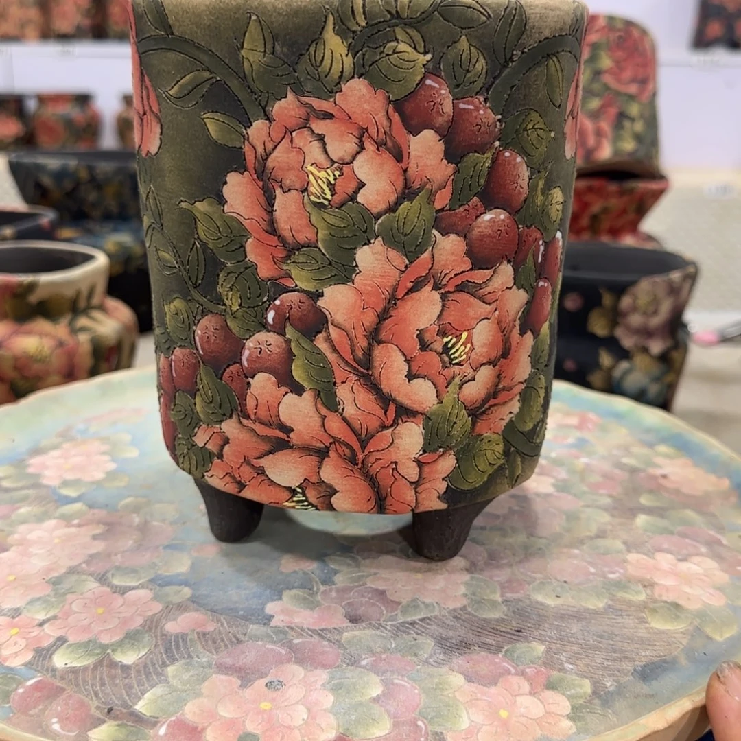 东***棟花盆紫砂精品多肉手绘花盆