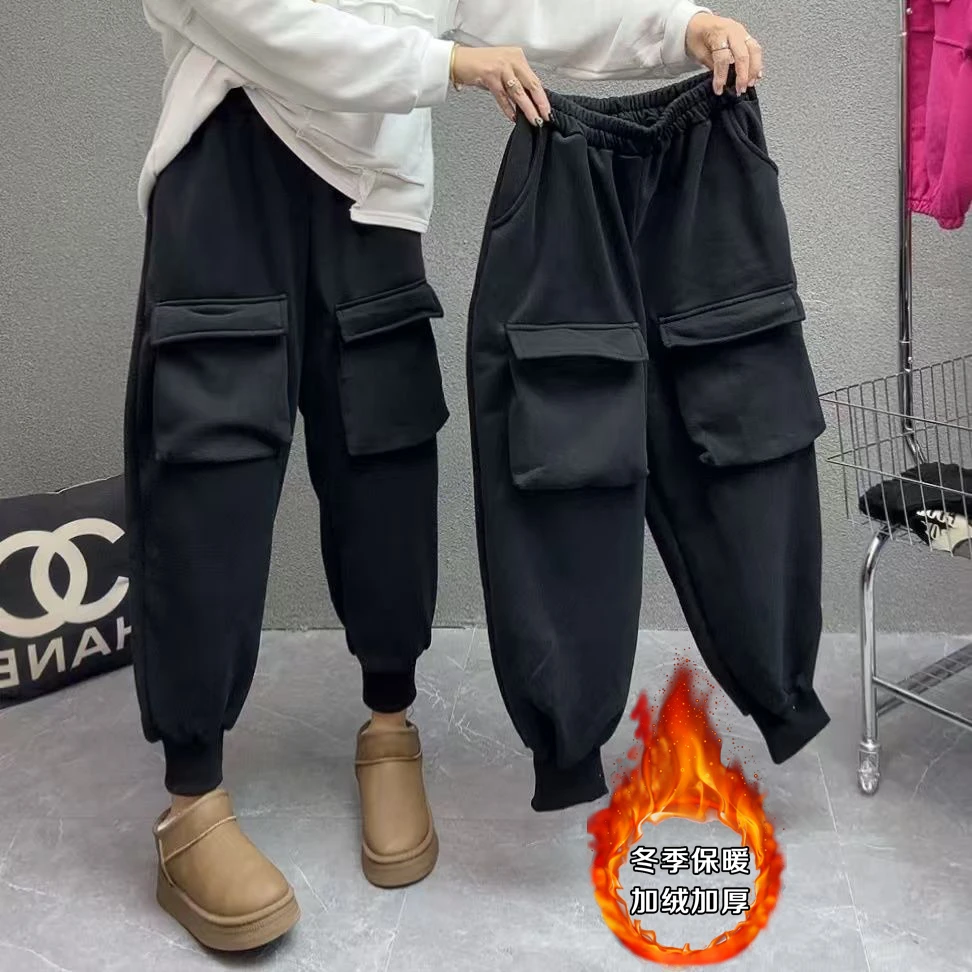 大码宽松工装裤女欧货束脚休闲卫裤秋冬新款加绒松紧高腰哈伦裤子
