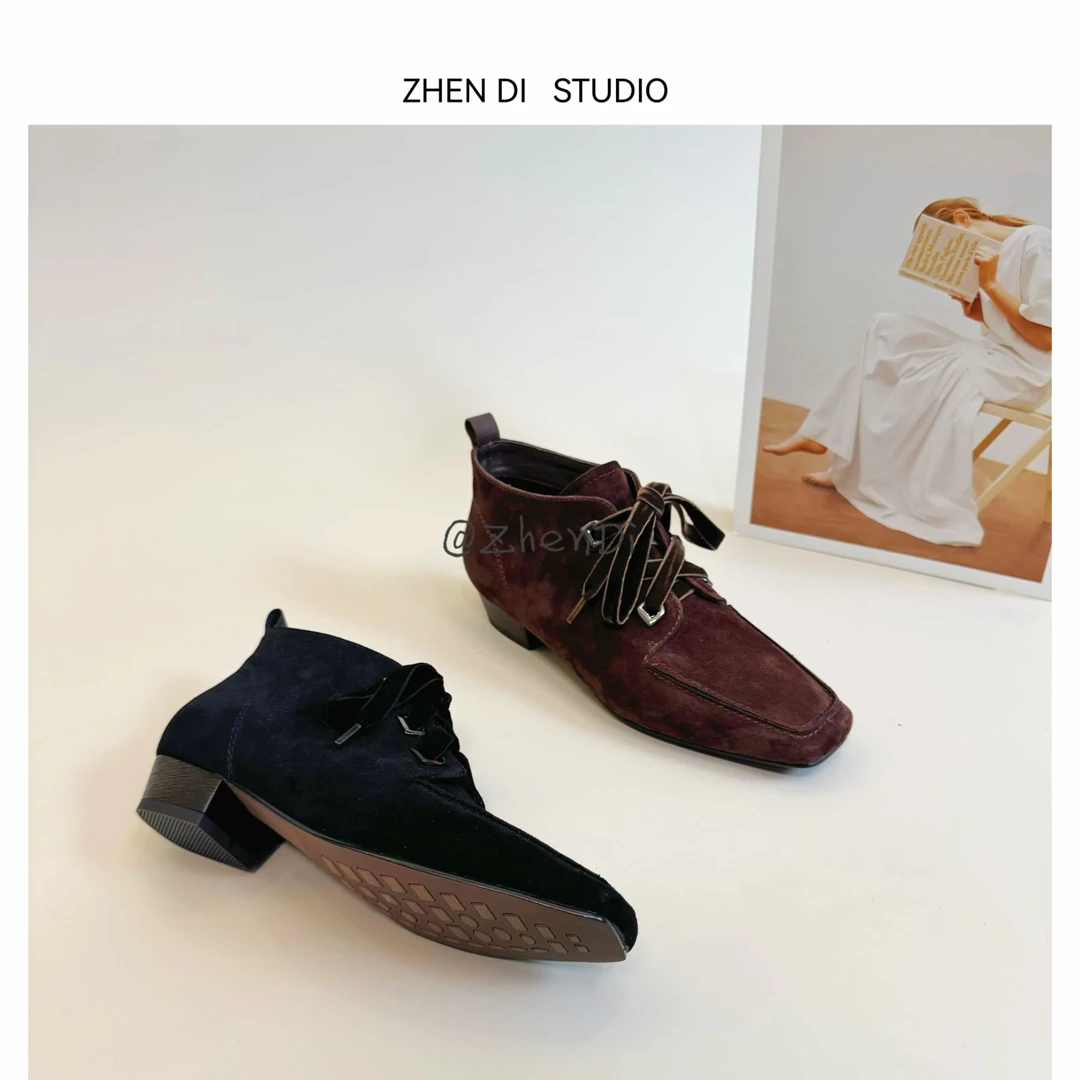 臻弟ZHENDI/秋冬新款小众设计时尚复古百搭方跟系带及踝靴KJ5932