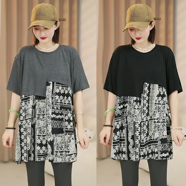 夏季新款欧货复古花色拼接中长款T恤洋气时尚宽松遮肉显瘦上衣
