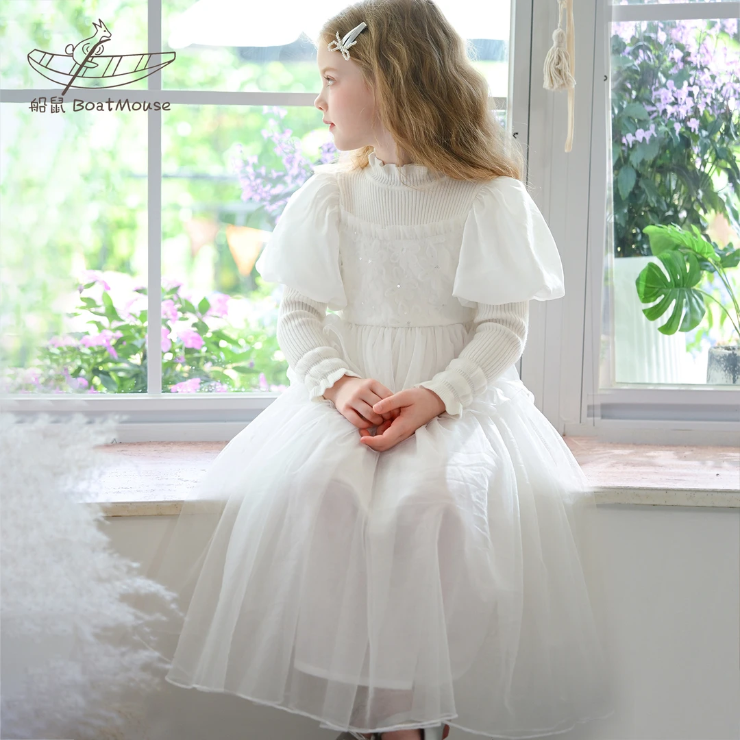 船鼠女童毛衣连衣裙秋冬白色半高领泡泡袖网纱裙儿童小女孩公主裙
