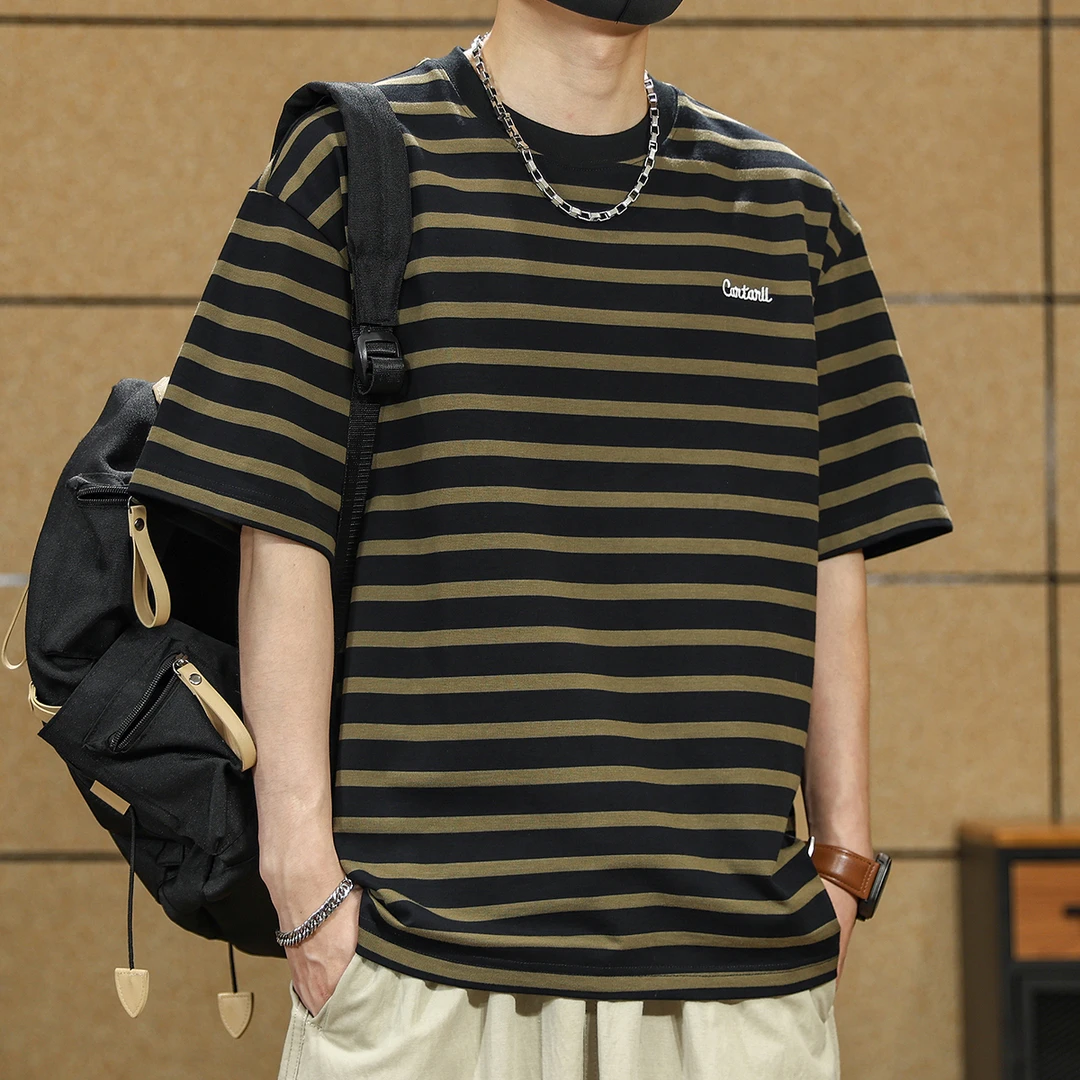 310g重磅纯棉美式条纹短袖T恤男士2025夏季新款宽松圆领半袖体恤