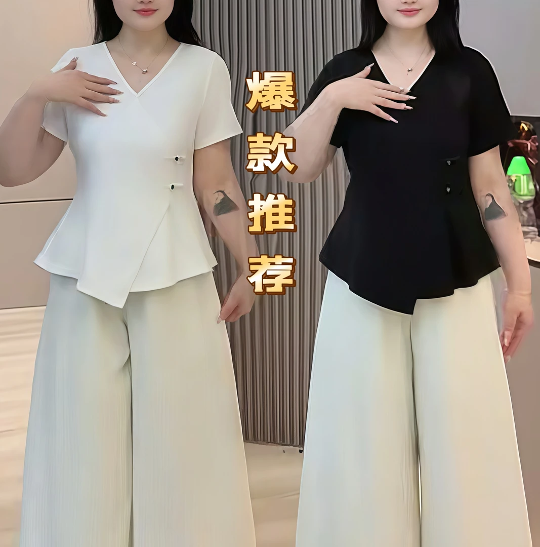 胖MM猫 M25033棉的正肩T恤夏季国风显瘦开叉别致遮肚子藏肉上衣