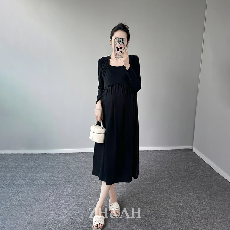ZH&AH【奥利赫本】春季新款时尚气质百搭设计感孕期拼接赫本小黑裙