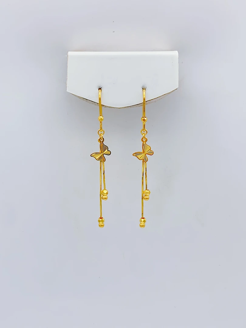 老庙黄金 足金 精工5G工艺 车花蝴蝶流苏 耳钩 2.39克