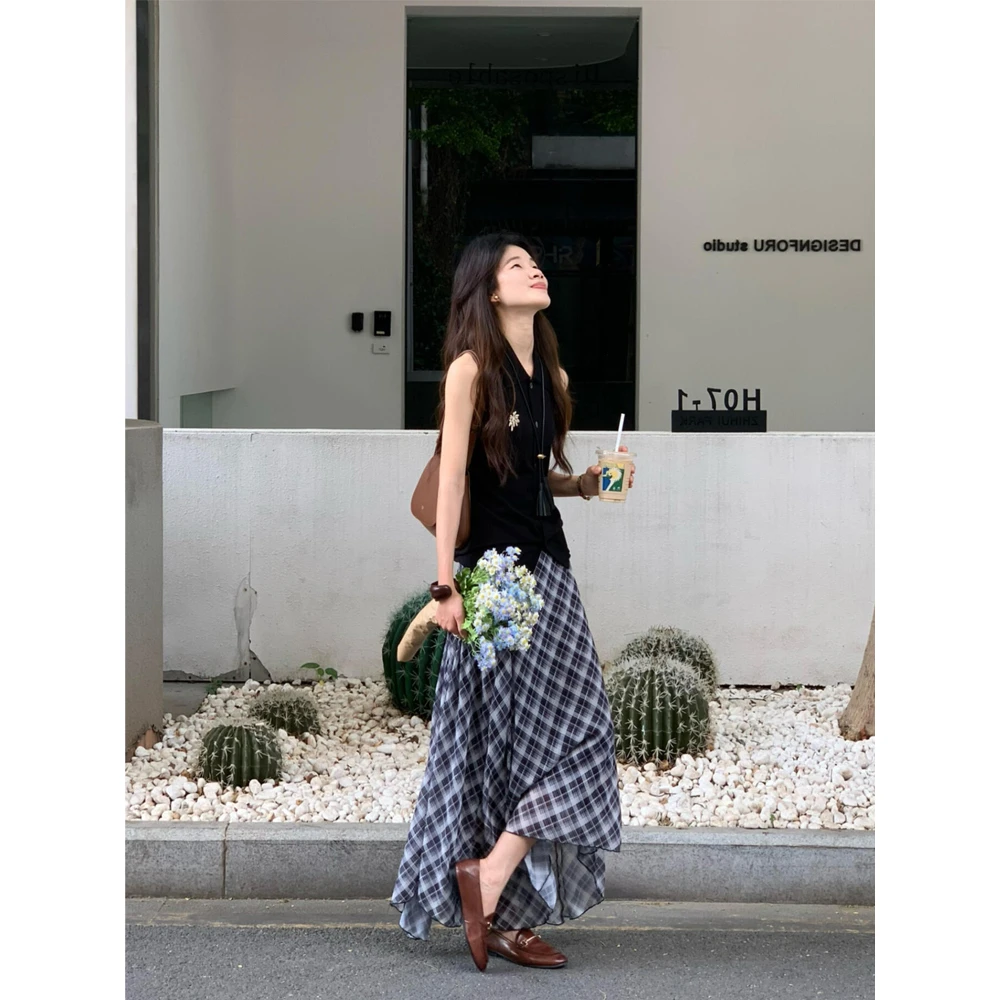 法式POLO领无袖开衫上衣女夏季美式复古格纹高腰半身裙两件套装