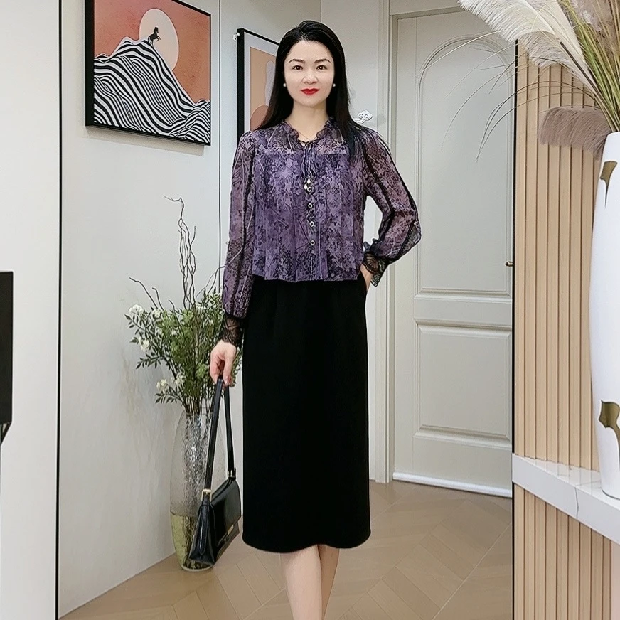 25-813春季新款减龄大码女装妈妈装长袖显瘦拼接假两件连衣裙