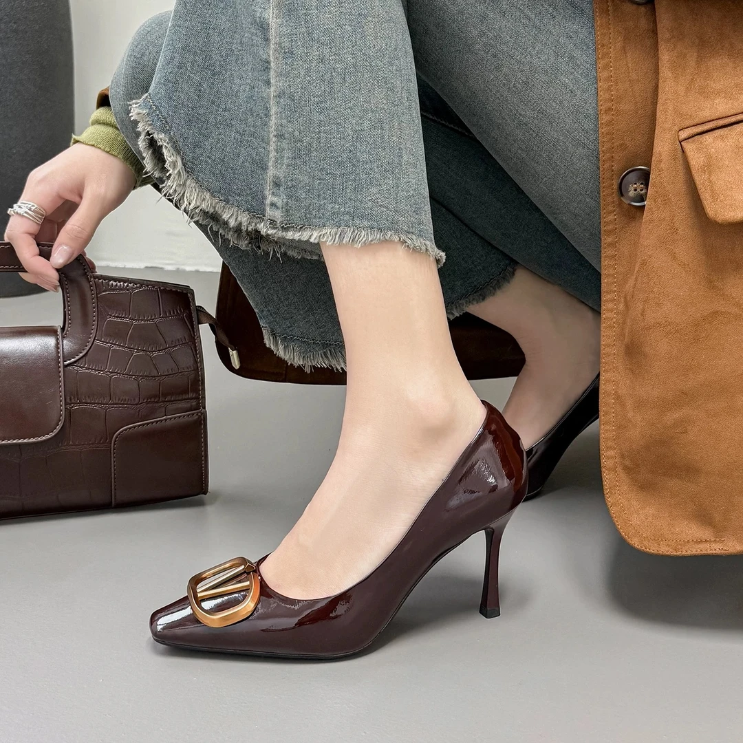 （7厘米）3327-8棕色金属扣细跟高跟鞋