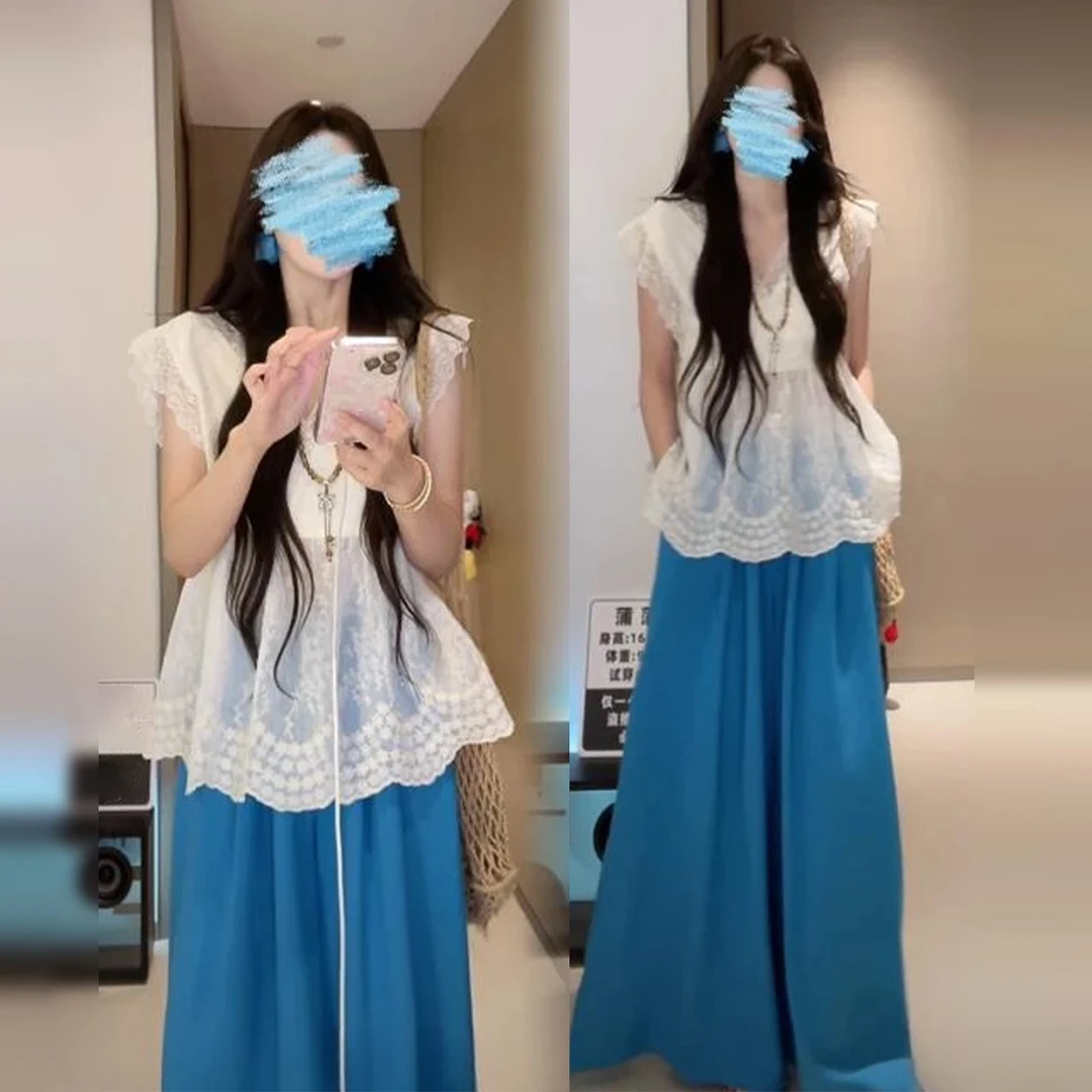 法式小飞袖蕾丝吊带背心休闲裤两件套夏季2025新款高腰阔腿裤套装