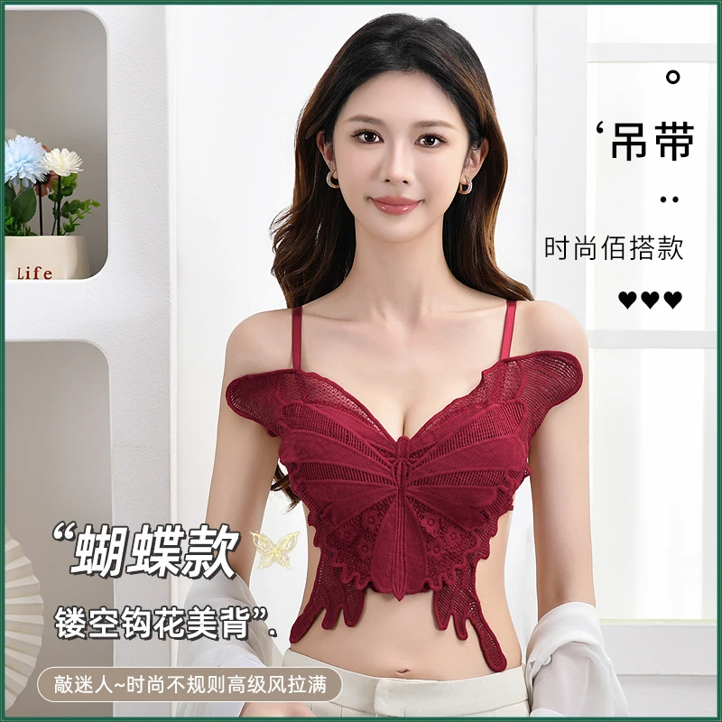 法式性感蕾丝蝴蝶镂空吊带背心内搭带胸垫裹胸交叉美背内衣上衣女