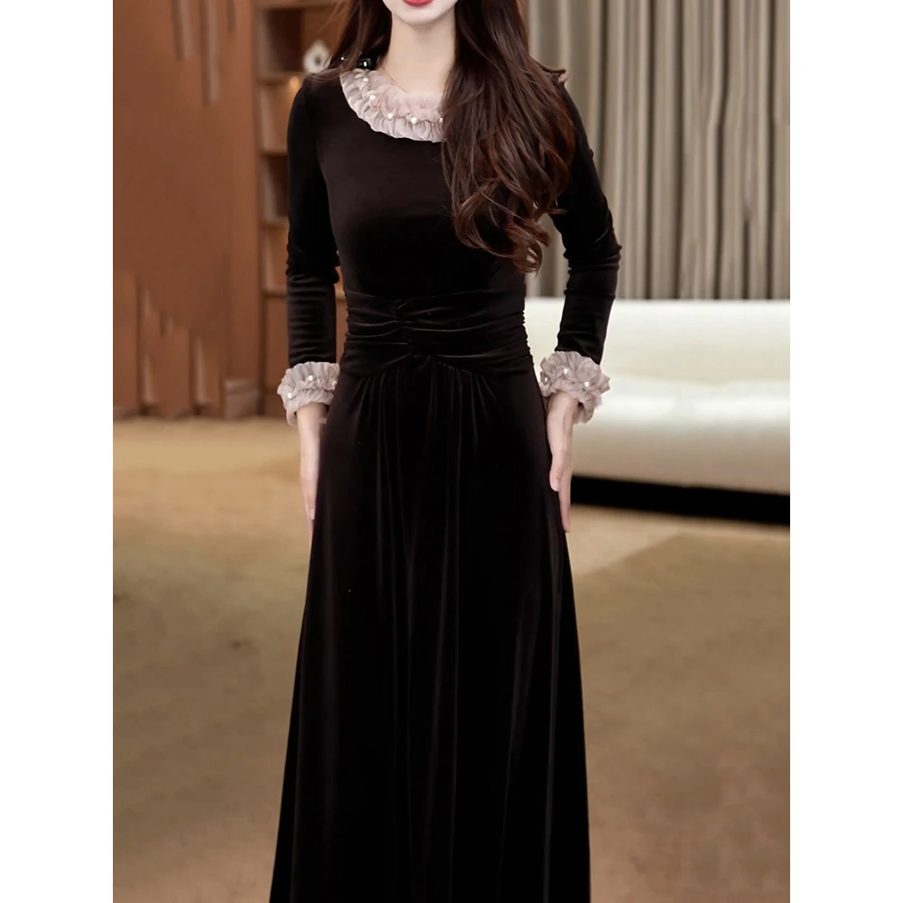 优雅女神范拼接圆领轻奢A字裙女2026春季新款气质减龄收腰连衣裙