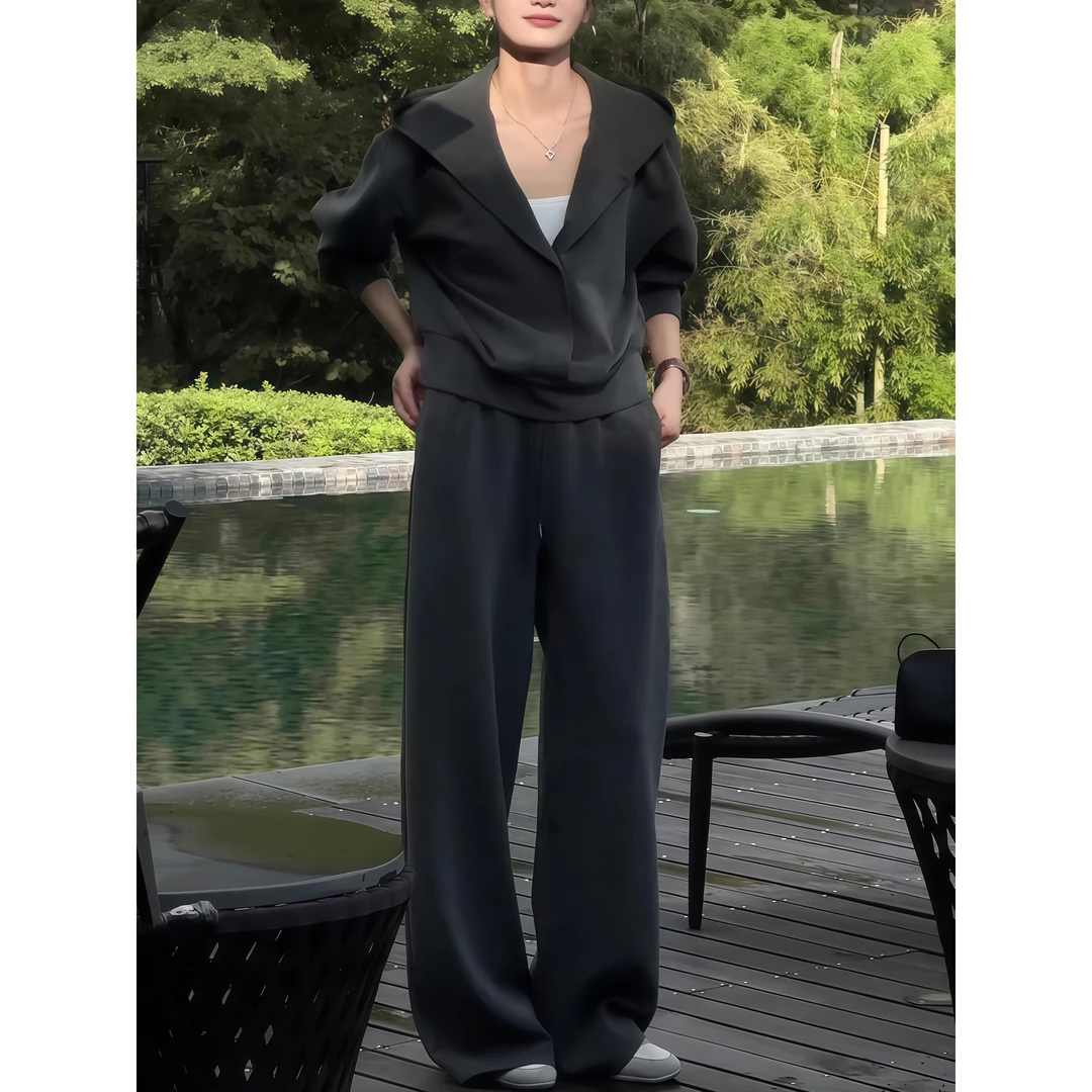 网红时尚套装女秋季高级感慵懒风连帽卫衣外套+休闲阔腿裤两件套