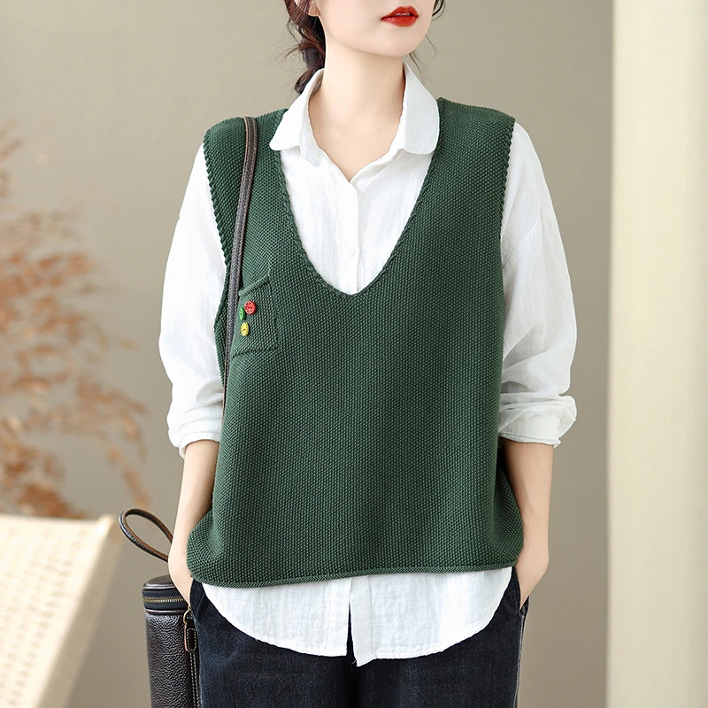 拼接口袋针织马甲背心女式宽松遮肉复古文艺休闲无袖绿色坎肩马夹