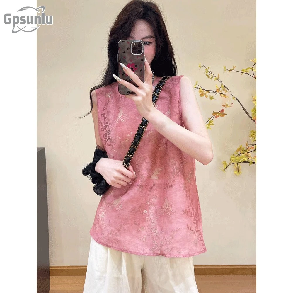 gpsunlu新中式国风衬衫女夏款新款爆款轻奢高级感无女款缎面衬衫