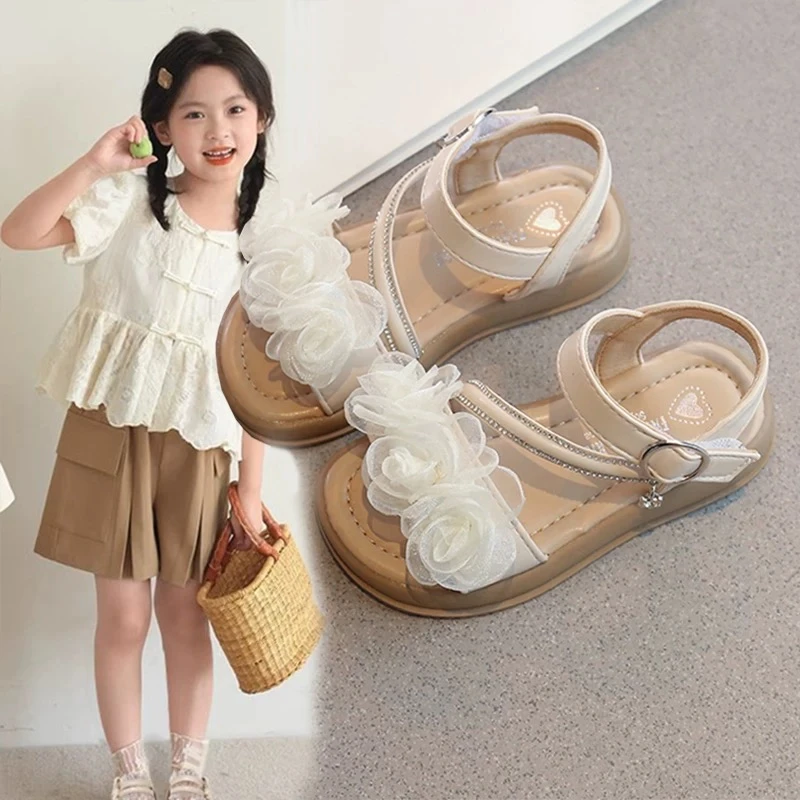 女童凉鞋公主鞋子2025夏季新款小香风夏款儿童女宝露趾银色软底鞋