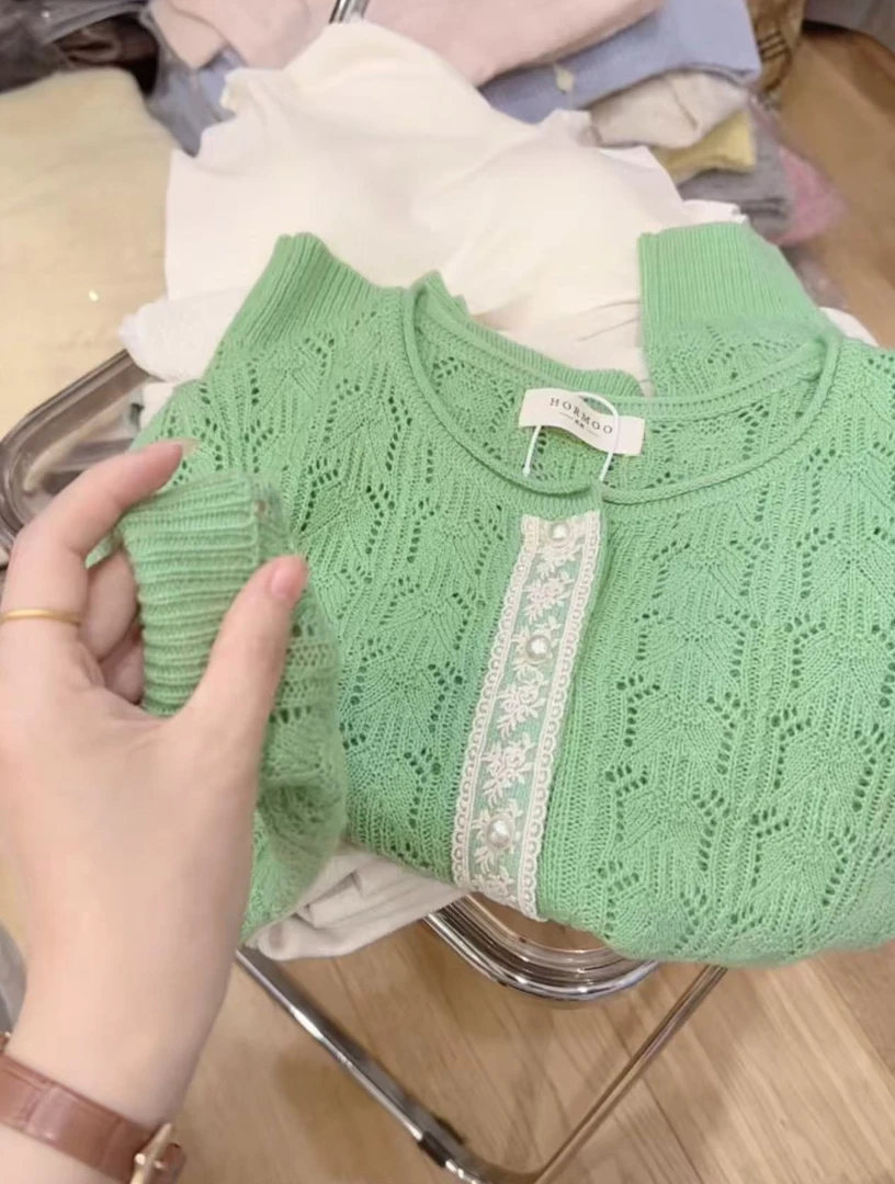 【反季清货】七言家 薄荷绿珍珠镂空门襟蕾丝开衫6