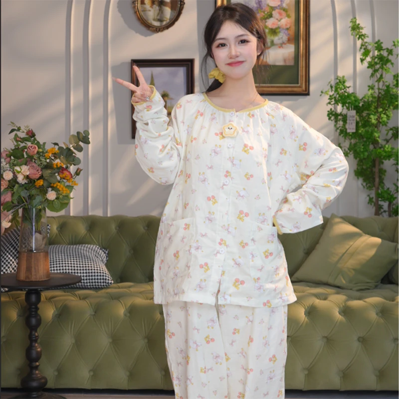 夏季大码纯棉睡衣胖mm200斤女夏季薄款长袖孕妇家居服套装可外穿