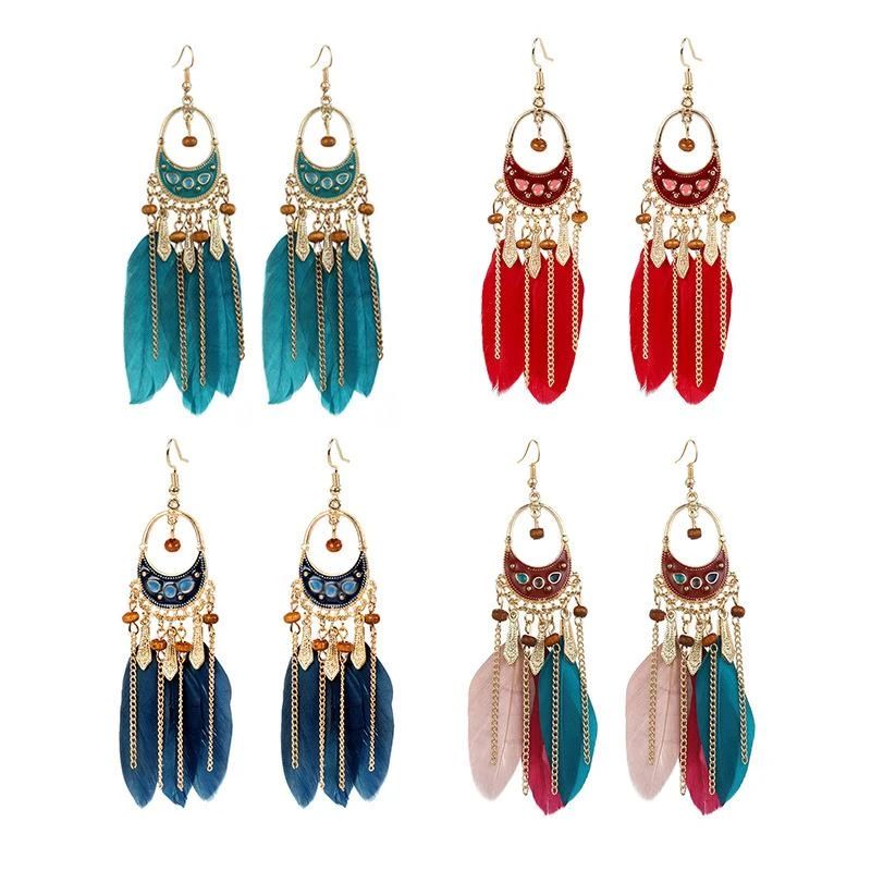 合金耳饰 波西米亚长款羽毛耳环个性链条复古旅游度假耳饰饰品