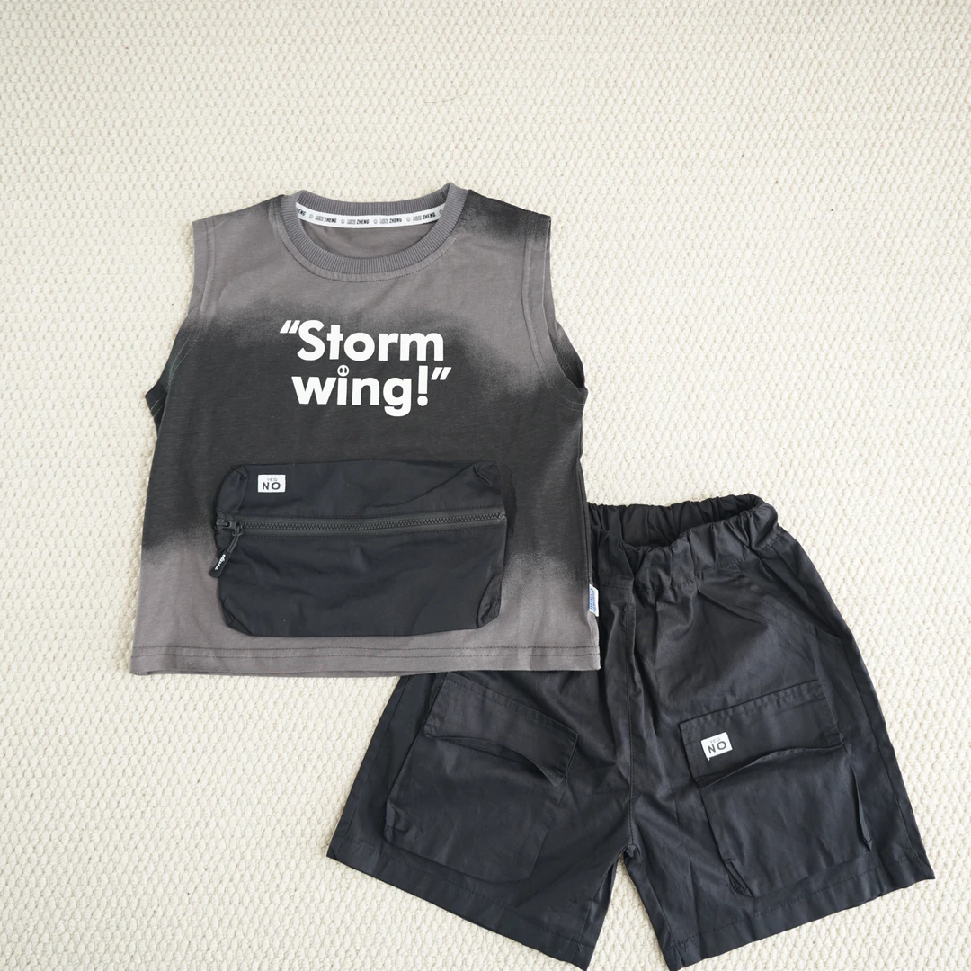 【现货】夏款儿童拼接休闲印花时尚背心短裤酷帅男童灰色套TZ4X206