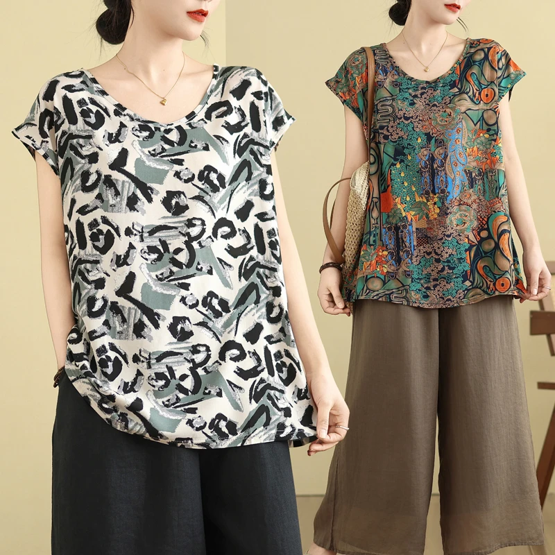 无袖宽松型V领飞飞袖T恤女士妈妈装花色宽松大码复古绵绸飞飞袖
