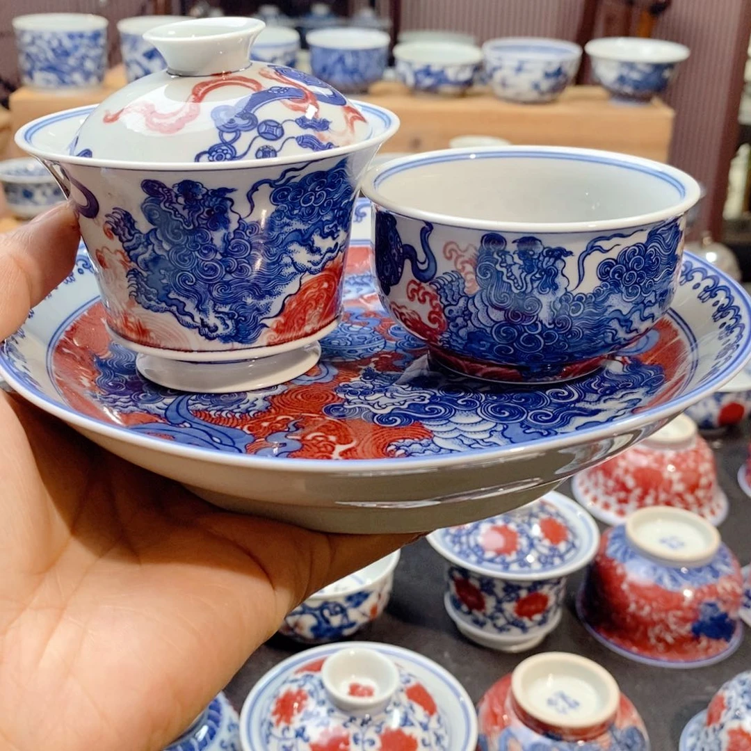 狮子滚绣球三件套手绘原矿