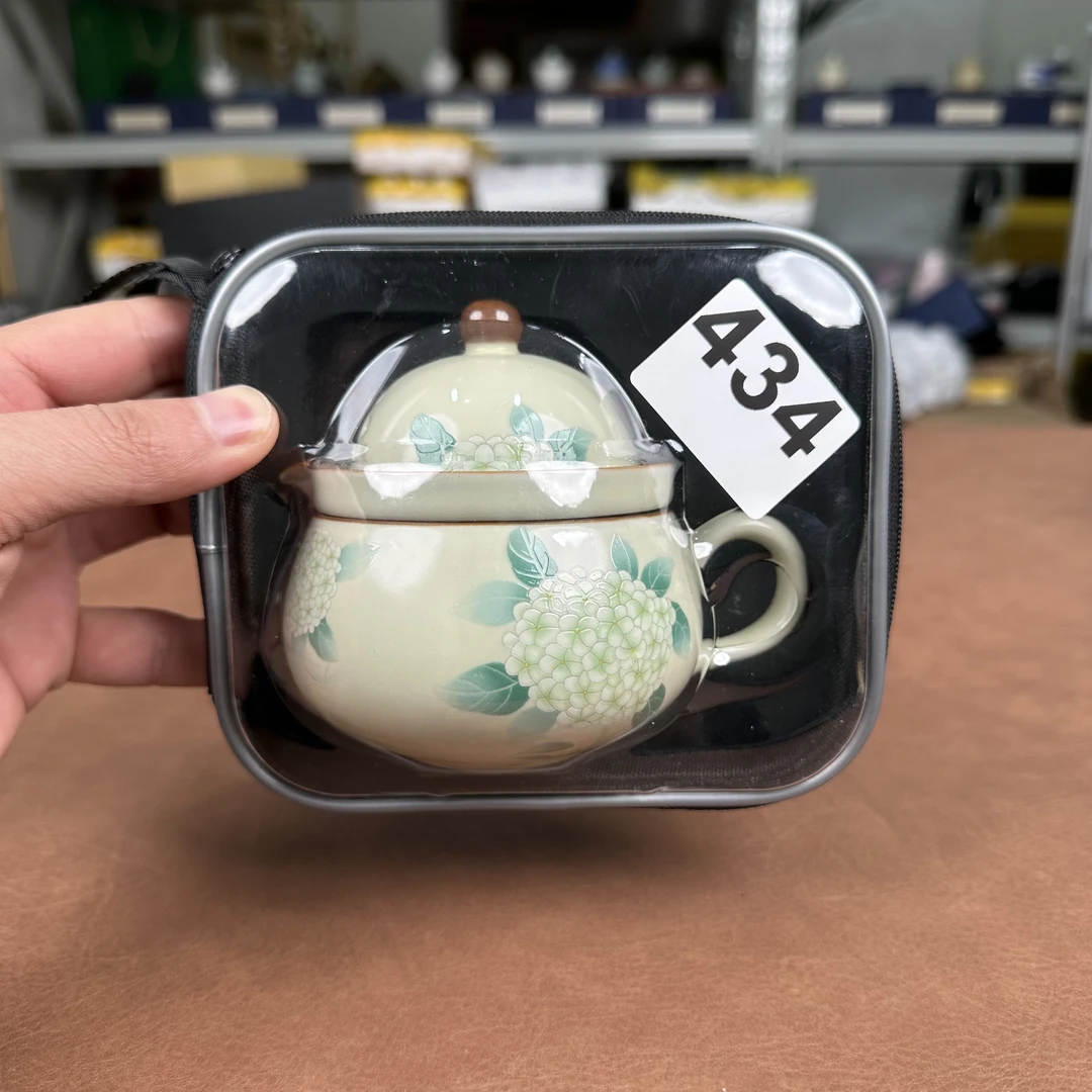 434-企鹅杯绣球花简约茶具户外便捷式旅行茶具套装陶瓷汝窑养瓷开