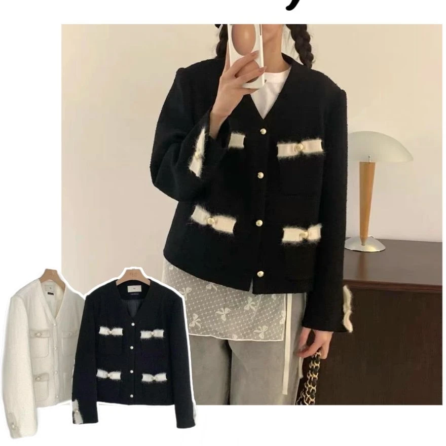 【蝴蝶结小香风】Y韩系蛋白色蝴蝶结小香外套V领百搭外套高级感女