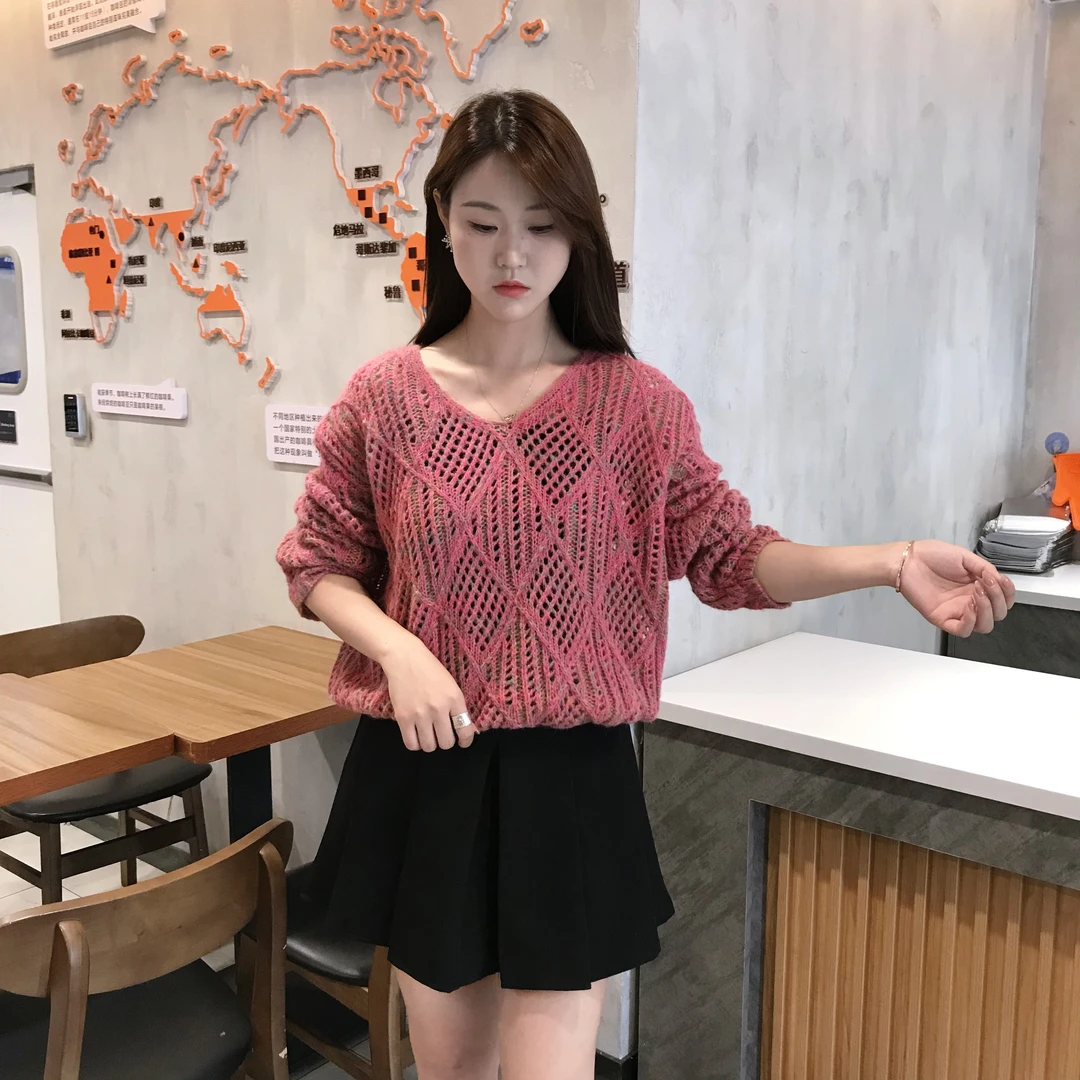 2025新款春季韩版氛围感新款针织衫女春秋打底衫镂空显瘦纯色套头