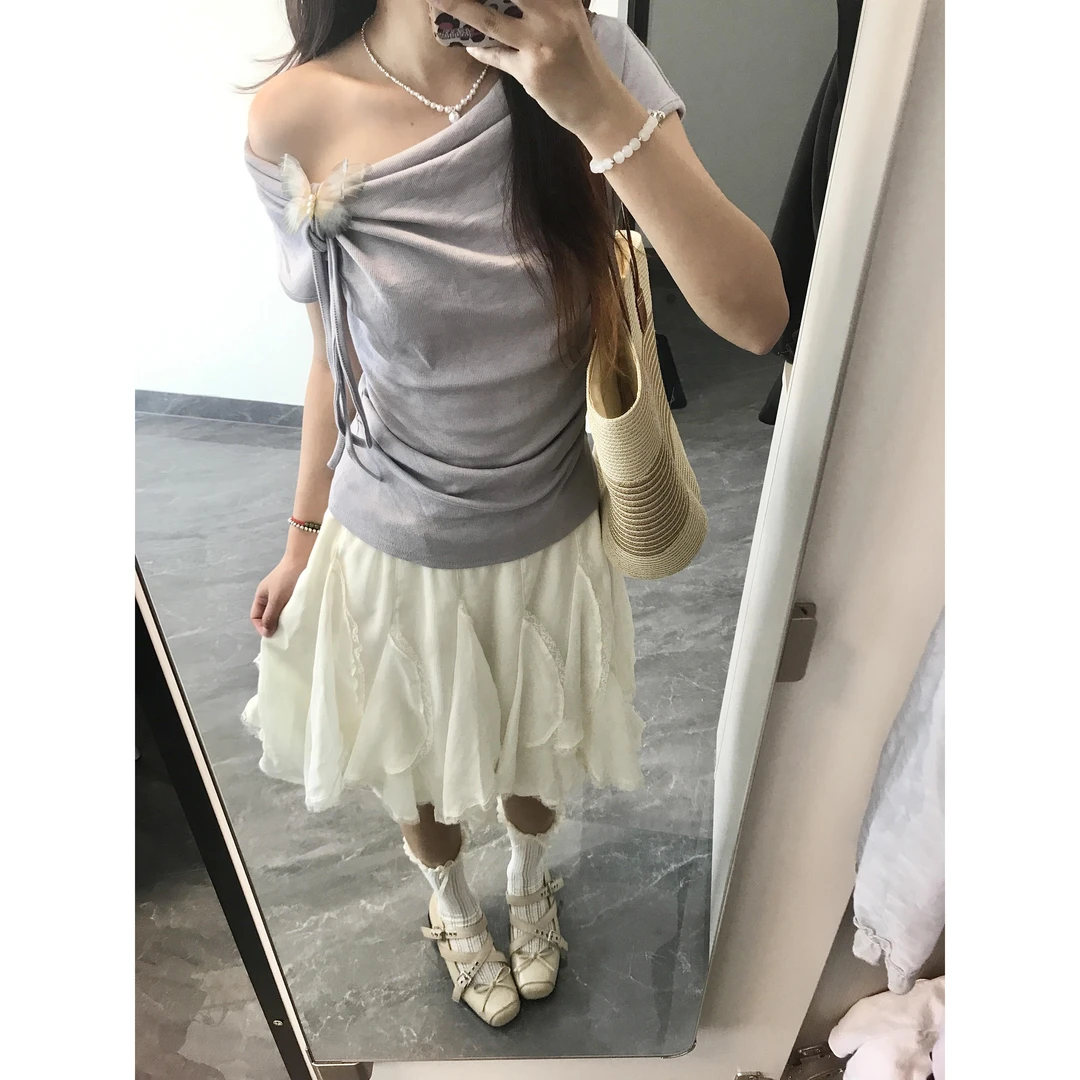 法式立体蝴蝶一字肩短袖t恤女夏季温柔气质香芋紫收腰显瘦小上衣