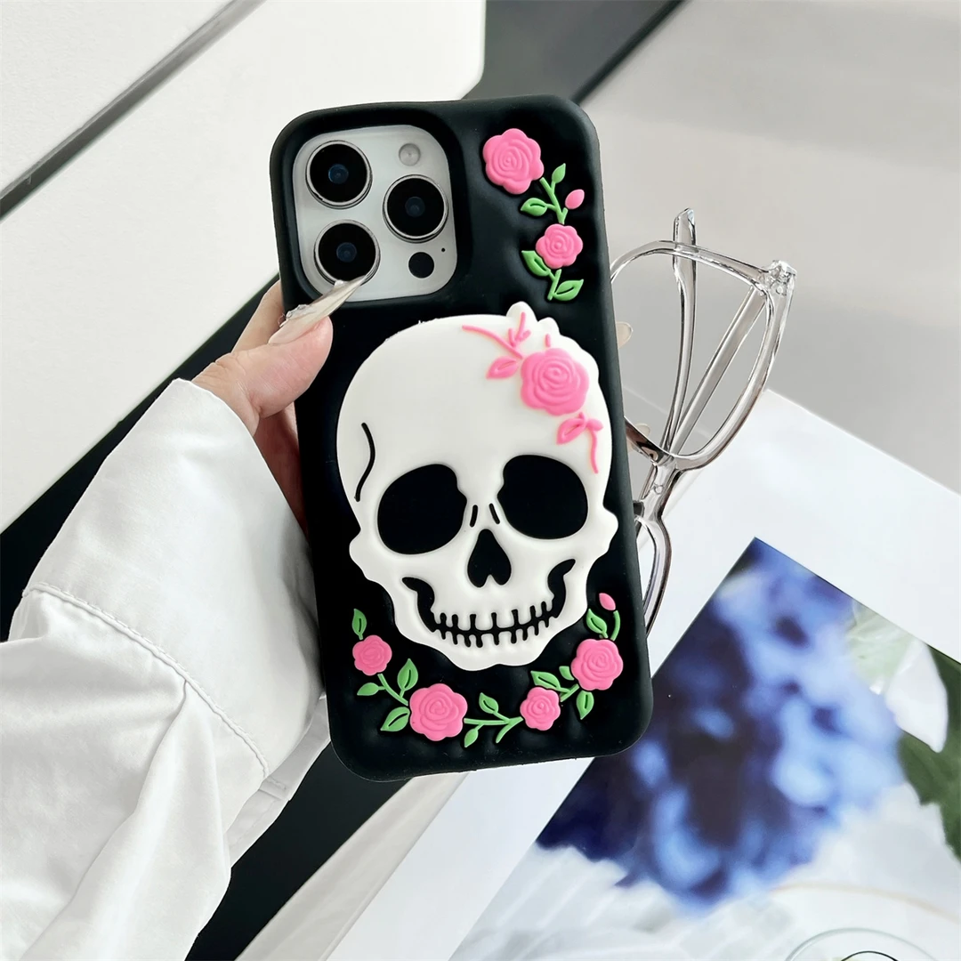 苹果|创意骷髅头伸缩支架适用iPhone16手机壳小众个性立体硅胶J