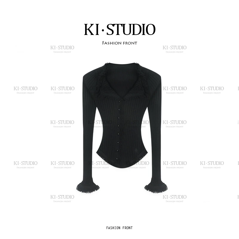 黑色v领打底衫女2025秋新款内搭修身针织衫收腰短款上衣KK-1197