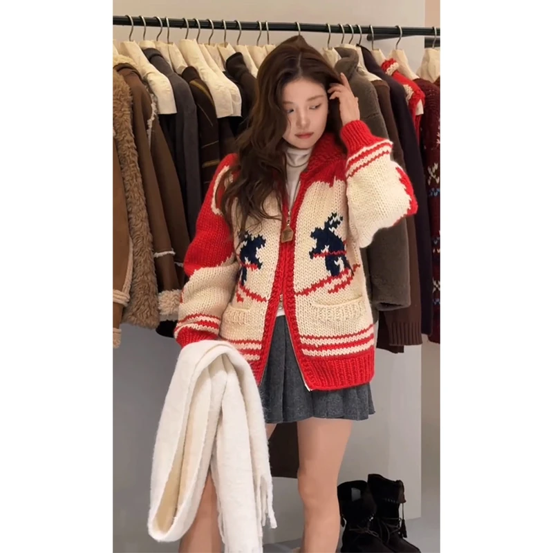 2025秋季新款女法式气质宽松翻领长袖毛衣外套高腰显瘦百褶半身裙