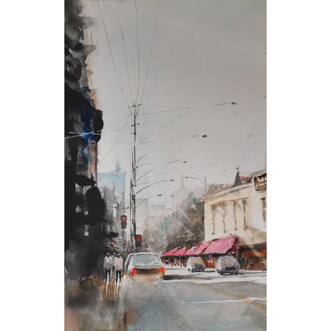 邱海涛作品-客厅沙发背景墙水彩画上海记忆35*22cm