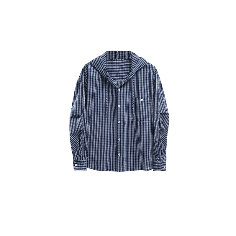 春夏连帽格子衬衫男女休闲百搭宽松廓形袖部双褶弯刀叠穿格子衬衣