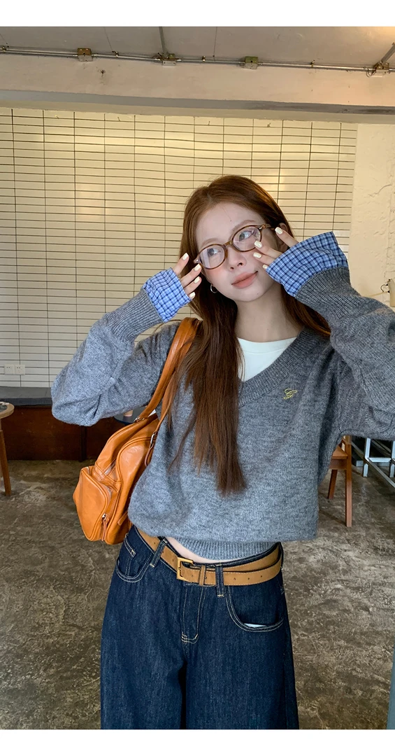 时尚慵懒风毛衣女秋季穿搭内搭打底长袖上衣宽松外套灰色针织衫