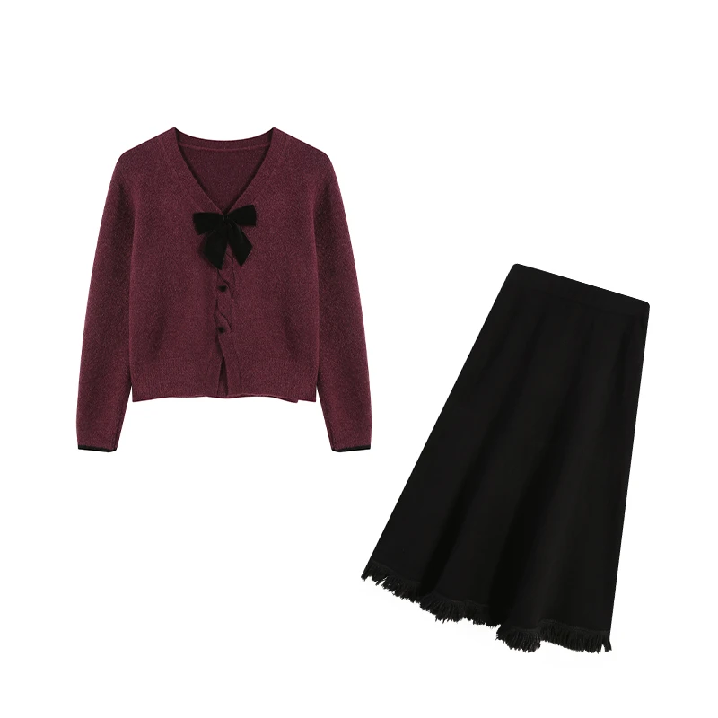 大码胖mmV领毛衣秋冬新款蝴蝶结加厚上衣长款半裙两件套ZL100935